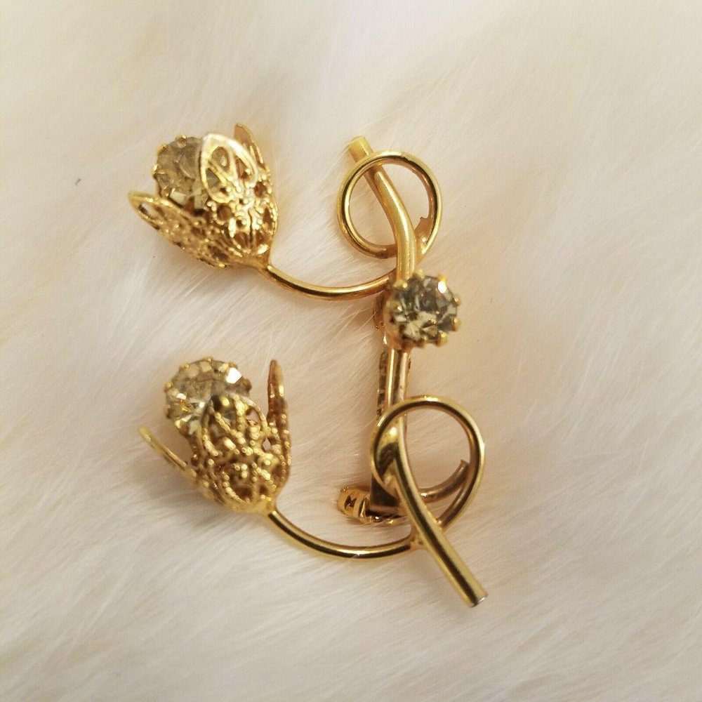 Vtg Floral Brooch Green Rhinestone Victorian Dainty Coquette Pin Gold Tone 2728